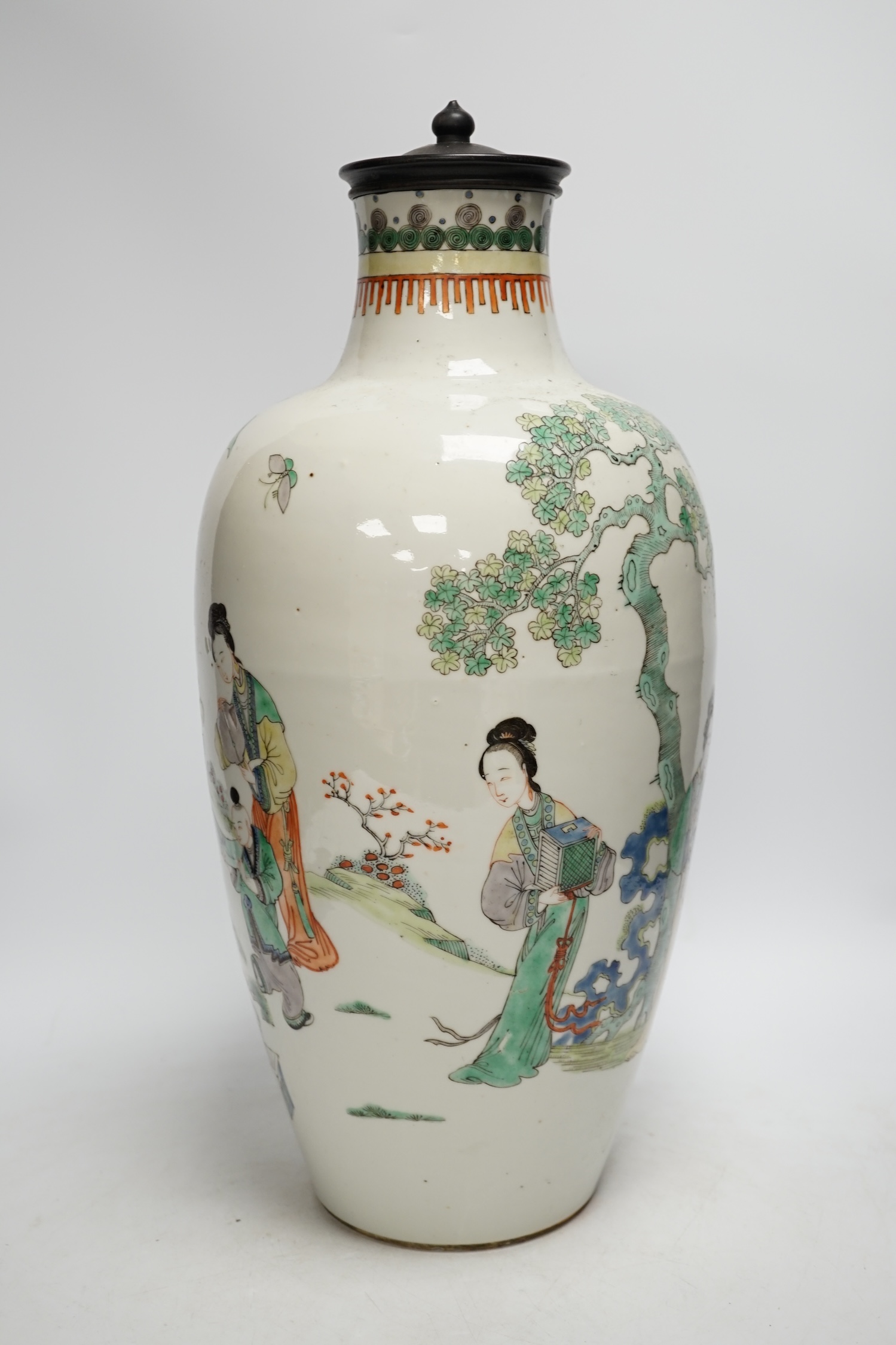 A large Chinese famille verte vase, late 19th century, neck reduced, 45cm